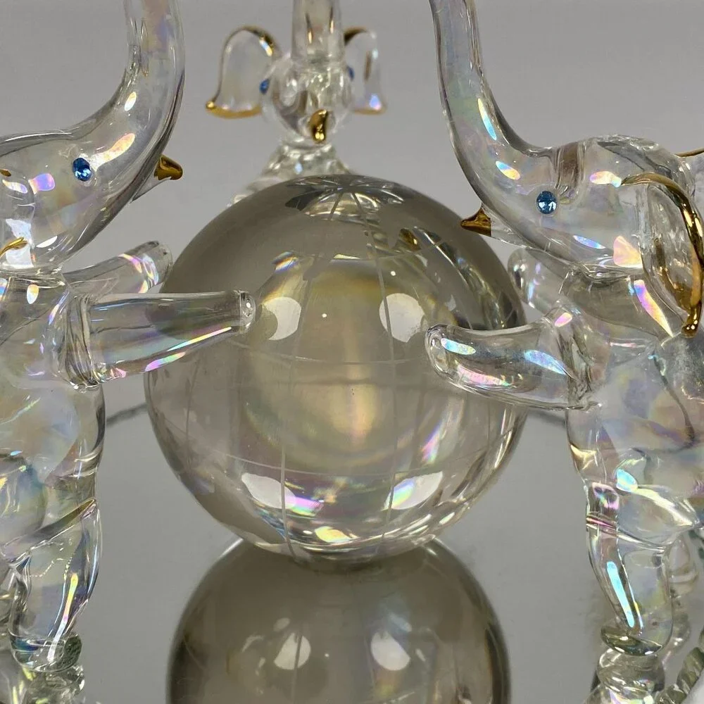 3 Hand Blown Glass Elephants on Globe Figurine Blue Rhinestone Eyes Mirror Base - Picture 3 of 11